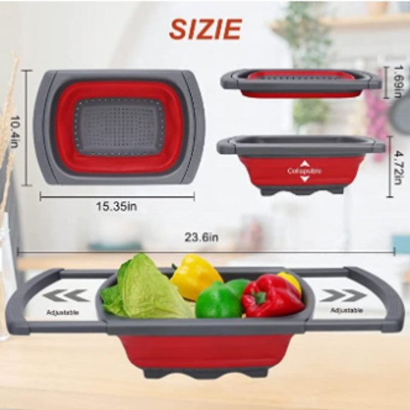 Collapsible Strainer w/ Extendable Handle Over The Sink - Silicone Colander 6Qt - Picture 2 of 10